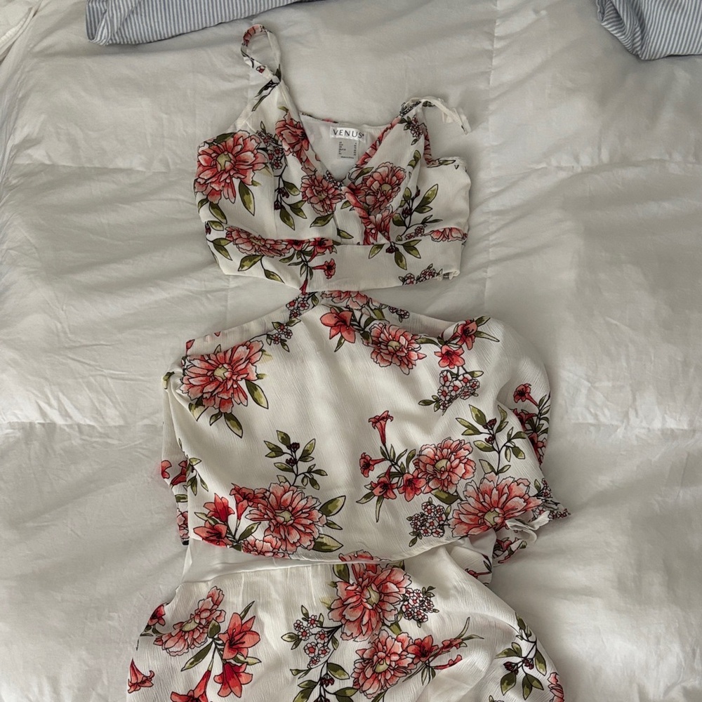 VENUS White Floral Tie-Shoulder Girls Dress with Pink and Green Flower Print